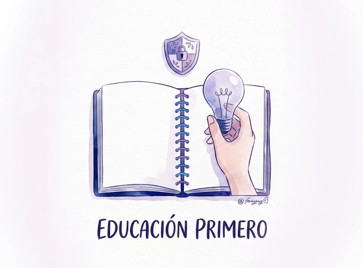 Ilustración de un cuaderno abierto, una bombilla y un escudo que sintetizan educación primero, privacidad y criterio pedagógico.