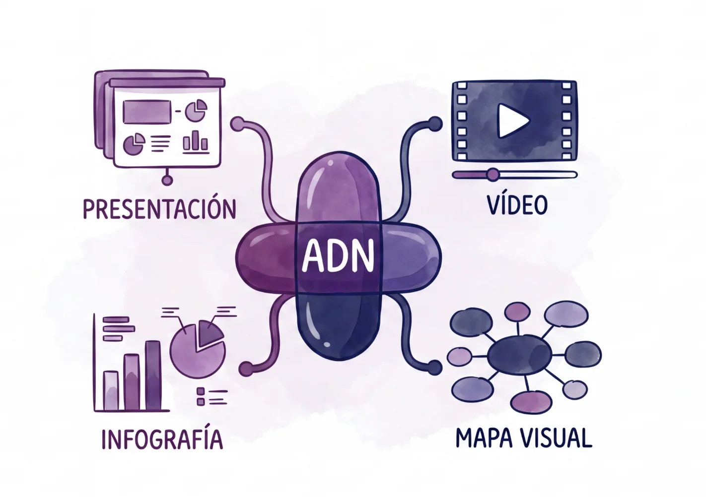 Ilustración de cuatro formatos, presentación, vídeo, infografía y mapa visual, conectados a un mismo ADN evaluable.