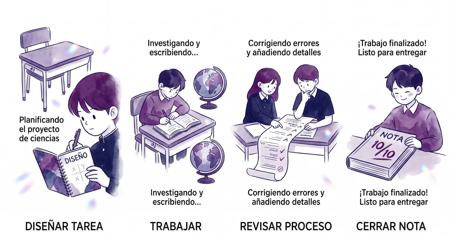 Ilustración de cuatro pasos: diseñar tarea, trabajar, revisar proceso y cerrar nota.