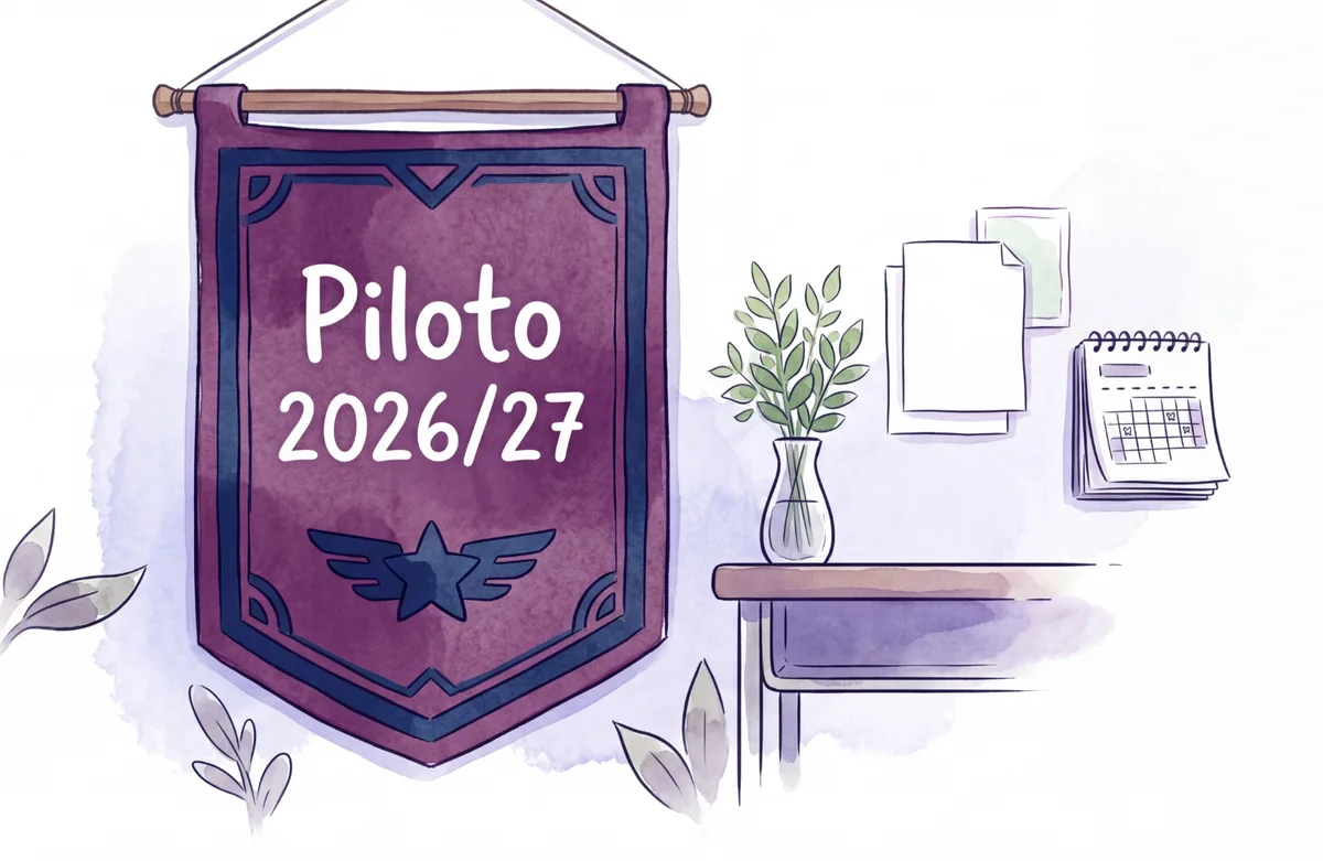 Ilustración de un banderín de piloto 2026/27 junto a documentos y calendario.