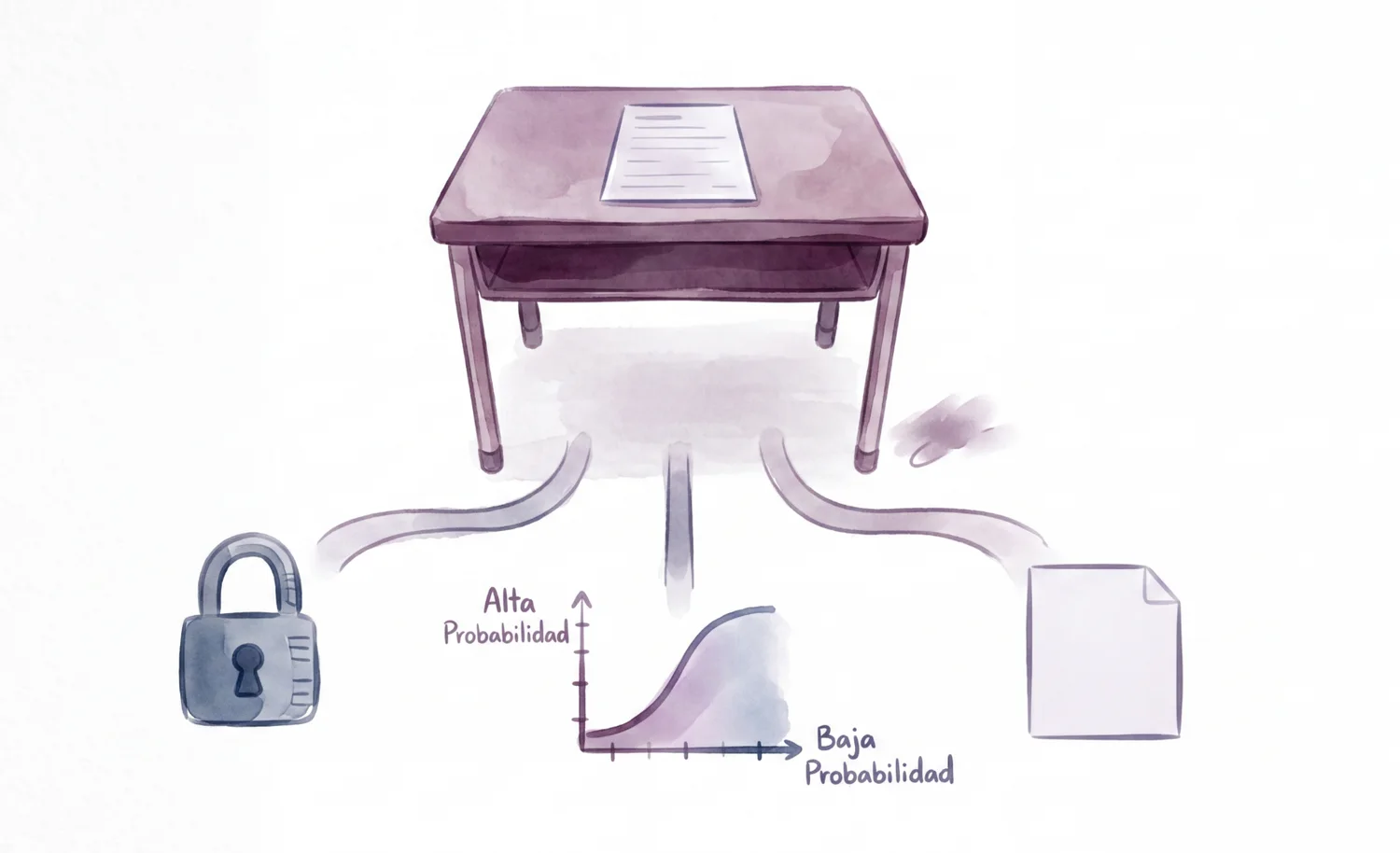 Ilustración de una mesa de aula con una entrega y tres respuestas fallidas: bloqueo, probabilidad estadística y entrega vacía.