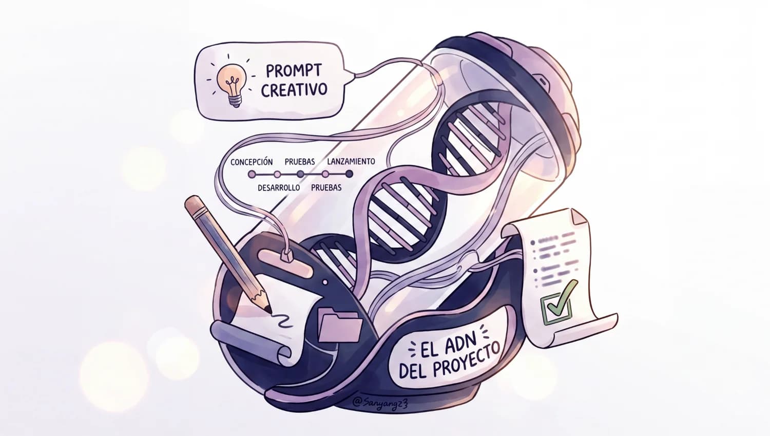 Ilustración del ADN del proyecto con prompt creativo, fases de trabajo, lápiz, documento y verificación.
