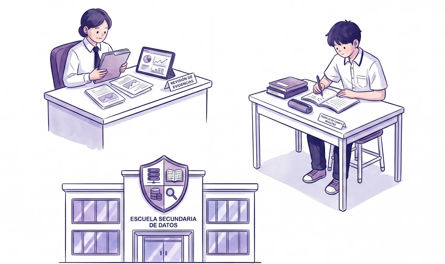 Ilustración de profesor, alumno y centro educativo conectados por evidencias y datos pedagógicos.